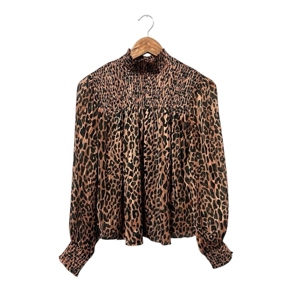 Scotch & Soda Women's Leopard Print Smocked Blouse Lurex Sparkle XS Oversized